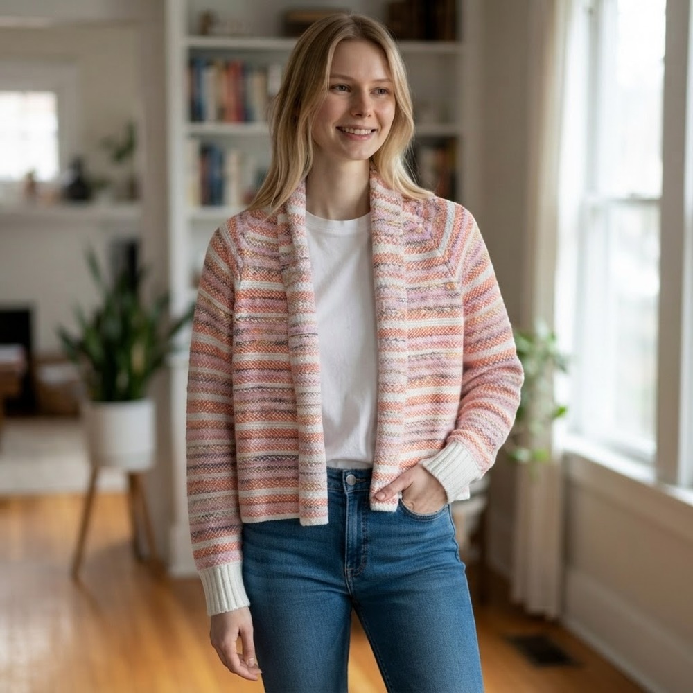Moth Anthropologie Orange Pink Striped Open Front Cotton Blend Cardigan Medium